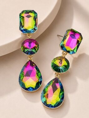 Vitrail Dangle Crystal Earrings 3 Inch Triple Tear Drop Evening Jewelry Gold